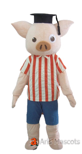 Pink Pig Mascot with Graduation Hat, Funny Mascot Men Pig Suit