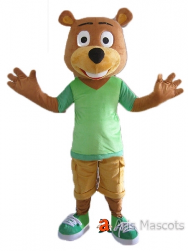 Brown Bear Costume Mascot with Green Shirt, Adult Bear Fancy Dress