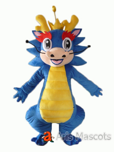 Mascot Chinese Dragon Outfit, Blue and yellow Dragon Adult Dress Up