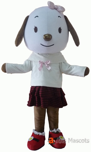 Big Head Dog Mascot White Color, Girl Dog Adult FUll Outfit Fancy Dress