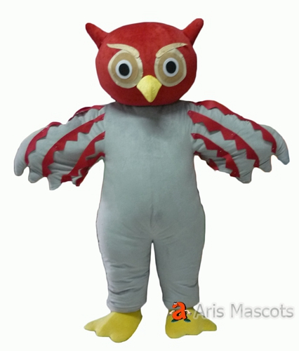 Mascot Owl Adult Costume Full Body Fancy Dress, Gray and Red Owl Suit
