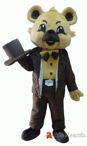 Plush Bear Mascot with Brown Hat and bow, DIsguise Bear Adult Costume Big Head