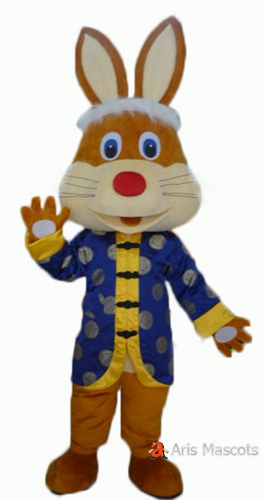 Brown Rabbit Mascot Costume with Traditional Chinese Suit, Cute Bunny Costume