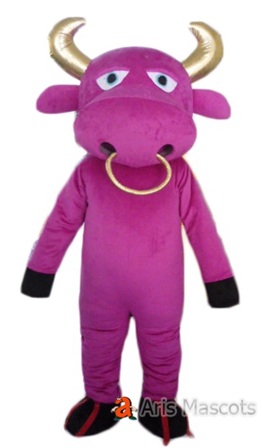 Pink Bull Mascot Costume with Nose Ring, Full Mascot Buffalo Adult Fancy Dress