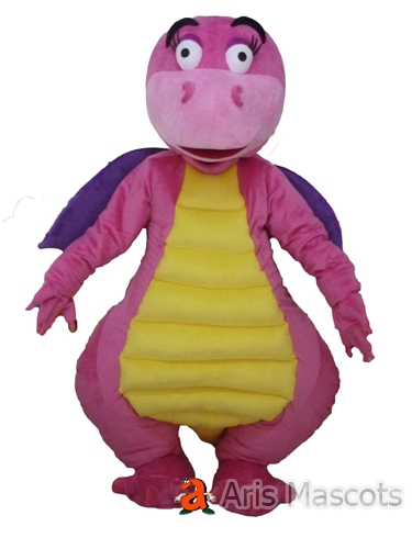 Girl Dinosaur Full Mascot Costume Pink and Yellow, Foam Mascot Dinosaur Outfit