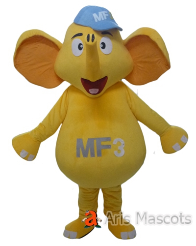 Giant Full Body Mascot Yellow Elephant Costume with Hat, Smile Elephant Fancy Dress up for Adults
