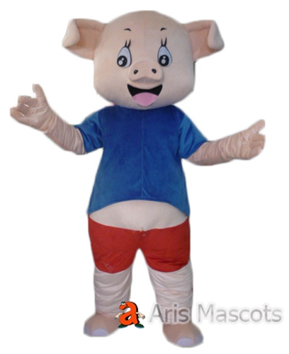 Lovely Pink Pig Mascot with Shirt and Shorts, Foam Head Mascot Pig Suit