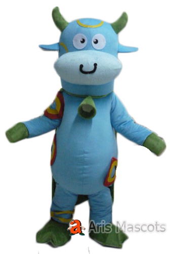 Animal Mascot Costume Blue Cow Suit for Adults, Cosplay Cow Outfit with Green Cape
