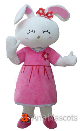 White Girl Rabbit Costume with Pink Dress, Adult Bunny Rabbit Mascot For Easter Event