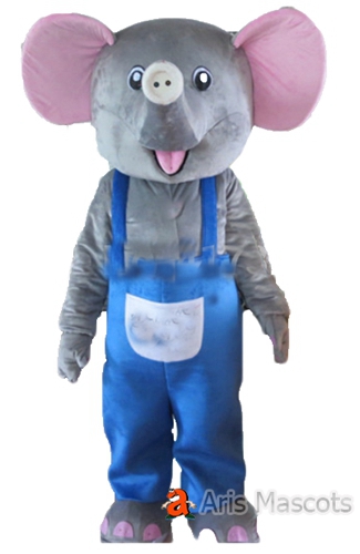 Foam Mascot Elephant Adult Costume with Blue Overall, Plush Elephant Suit for Sale
