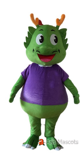 Green Baby Dragon Adult Costume with Purple Shirt -Mascot Dragon Full Plush Outfit