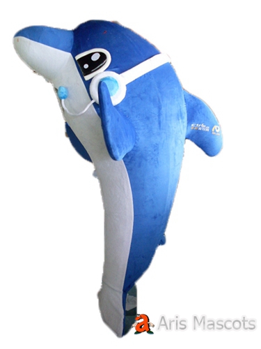 Life Size Realistic Dolphin Mascot with Music Headphone, Full Body Plush Suit Dolphin Costume for Brands