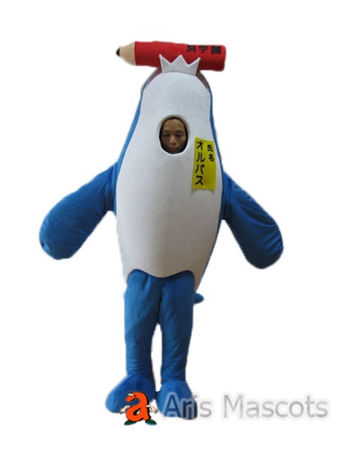 Life Size Realistic Dolphin Mascot Adult Suit , Blue and White, with a Pencil