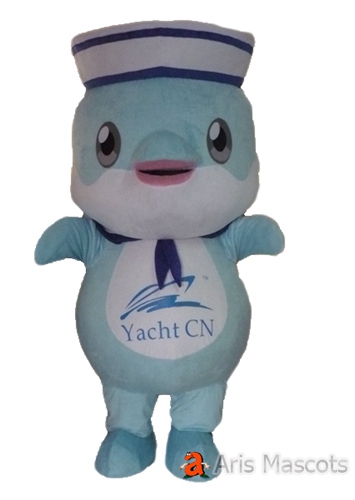 Giant Head Lovely Baby Dolphin Mascot with Sailor Dress, Adult Sailor Dolphin Fancy Dress