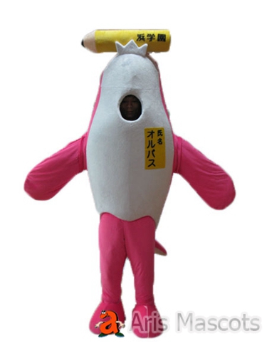 Life Size Realistic Dolphin Mascot Adult Suit , Pink and White, with a Pencil