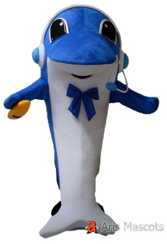 Big Dolphin Mascot with Music Headphone, Full Body Plush Suit Dolphin Costume for Brands