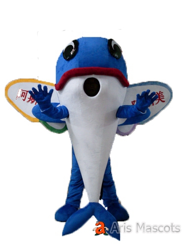 Mascot Big Dolphin with Wings , Blue and Cheerful , Adult Plush Pet Dolphin Outfit