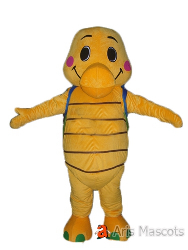 Full body Mascot orange and green turtle Costume with a blue schoolbag