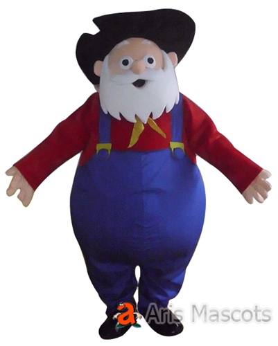 Grandpa Mascot Costume with hat Hat and Blue Overall, Full Body Aged Man Suit