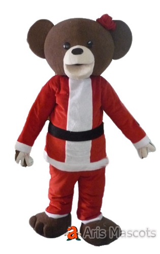 Happy Bear Mascot with Santa Suit, Adult Bear Costume with Santa Claus Dress