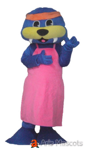 Blue and Yellow Woman Walrus Mascot Costume with Apron