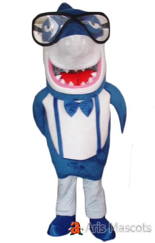 Scary Shark Mascot ,blue and white adult shark costume, giant and funny