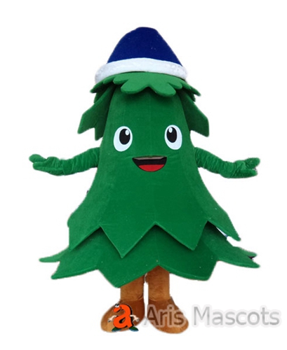 Smile Big Green Christmas Tree Mascot with Blue Santa Hat , Full Mascot Large Xmas Tree Adult Suit