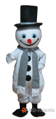 White Snowman Fancy Dress Full Mascot with Black Hat for Outdoors Events in Winter