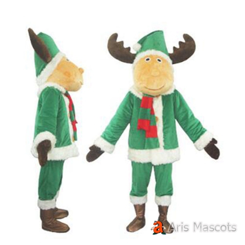 Mascot Moose Costume with Green Santa Claus Hat and Suit for Christmas Events Adult Size Full Body Reineer Outfit