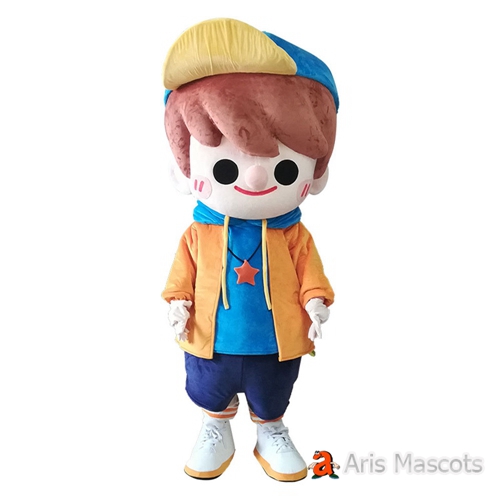 Lovely Big Head Boy Mascot Costume with Blue Hat Adult Size Full Plush Mascot Boy Fancy Dress for School and Sports Team