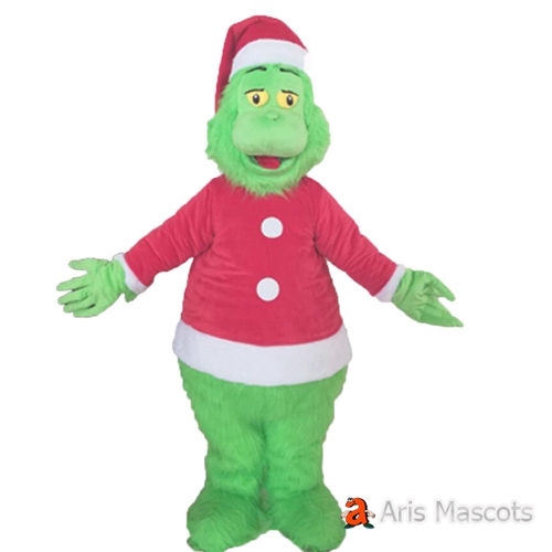 Long Plush Hair Mascot Green Grinch Mascot Costume with Red Santa Claus Suit Full Body Adult Size Outfit for Christmas Holiday Events