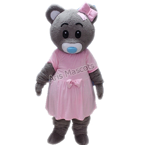 Grey Girl Bear Costume with Pink Bow and Dress Full Body Plush Mascot Animal Cosplay Suit
