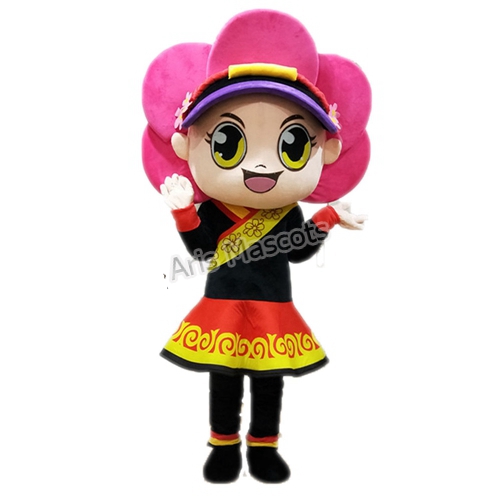 Pink Hair Girl Mascot with National Costume Adult Size Full Body Plush Suit