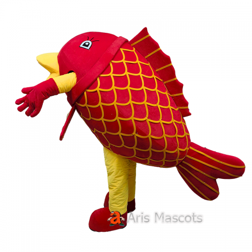 Giant Fish Mascot Adult Costume, Red and Yellow, Very Cute Realistic Fish Fancy Dress