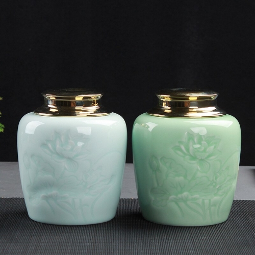 High-grade Celadon Shadow Carving Tea Cans Black Tea Green Tea Practical Ceramic Tea Cans Gift Box Set Half a Catty Tea Caddy