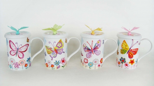 12oz new bone china mug with lid and silicone butterfly, bulk packing