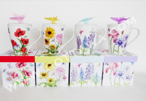 13oz new bone china mug with lid and silicone butterfly, 1set/gift box
