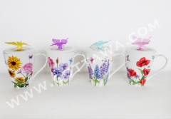 13oz new bone china mug with lid and silicone butterfly, 1set/gift box