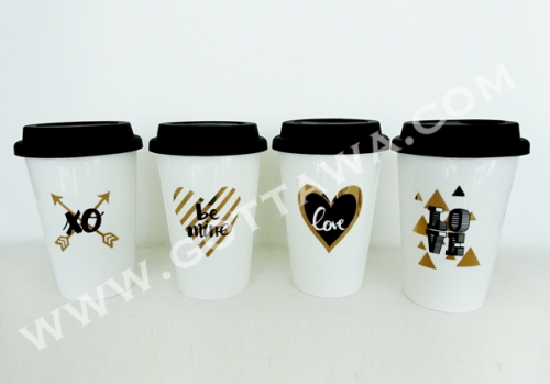 14oz new bone china single wall coffee mug with golden decal, with silicone lid,bulk packing