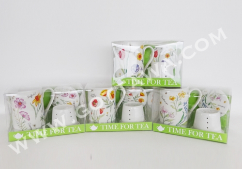 10oz new bone china mug with filter and lid in PVC box