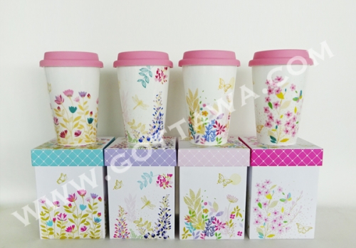 14oz new bone china single wall coffee mug with silicone lid in gift box