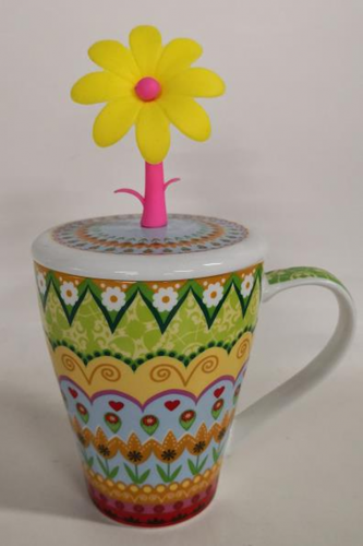 13oz new bone china mug with lid and silisone flower, bulk packing