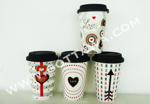 14oz new bone china single wall coffee mug with silicone lid, golden decal, bulk packing