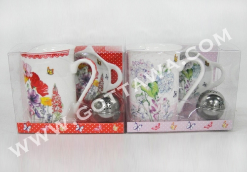 10oz new bone china mug with tea bag holder and infuser in PVC box