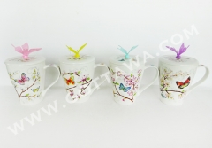 13oz new bone china mug with lid and siliocne butterfly in gift box