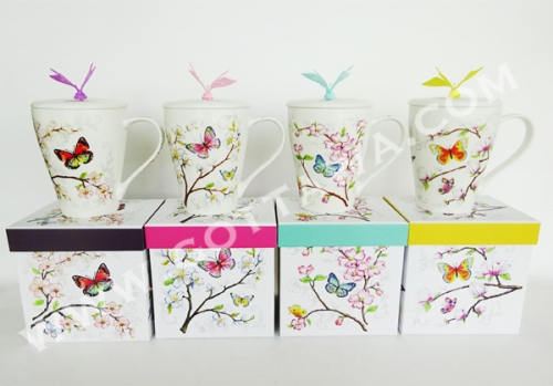 13oz new bone china mug with lid and siliocne butterfly in gift box