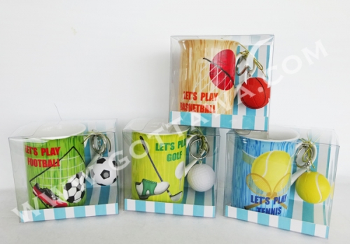 9oz new bone china mug with ball keychain in PVC box