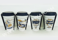 12oz new bone china double wall coffee mug with golden decal, with silicone lid, 1set/color sleeve