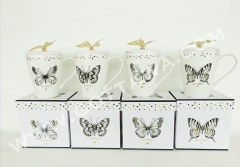 13oz new bone china mug with lid and silicone butterfly, 1set/gift box