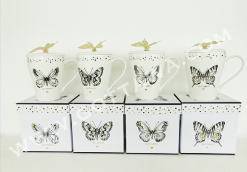 13安士新骨瓷杯，加盖，加硅胶蝴蝶，1套/礼盒